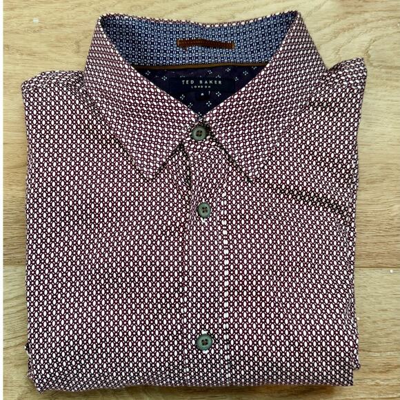 Ted Baker Men's Button Up Shirt Size 5 Burgundy Geometric Print Long Sleeve - Picture 1 of 7